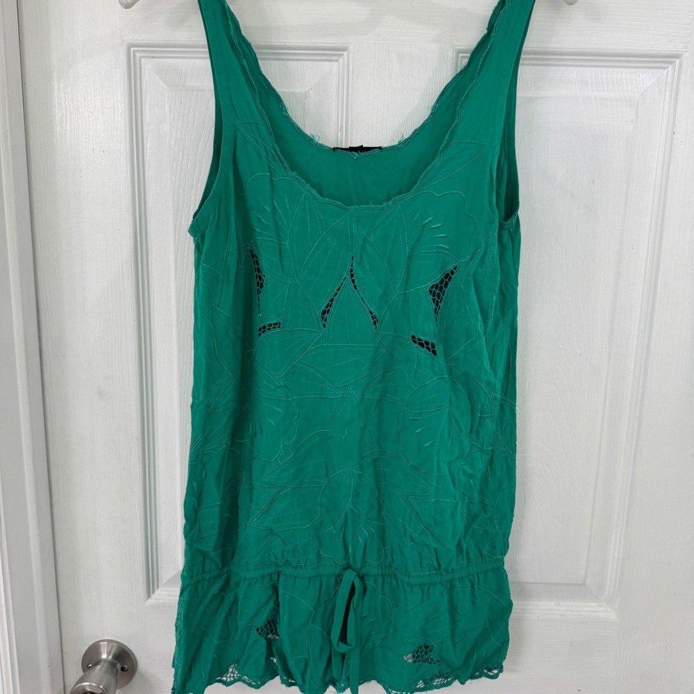 Topshop Green Embroidered Crochet Cut Out Peplum Tank Top Size US 2 UK 6